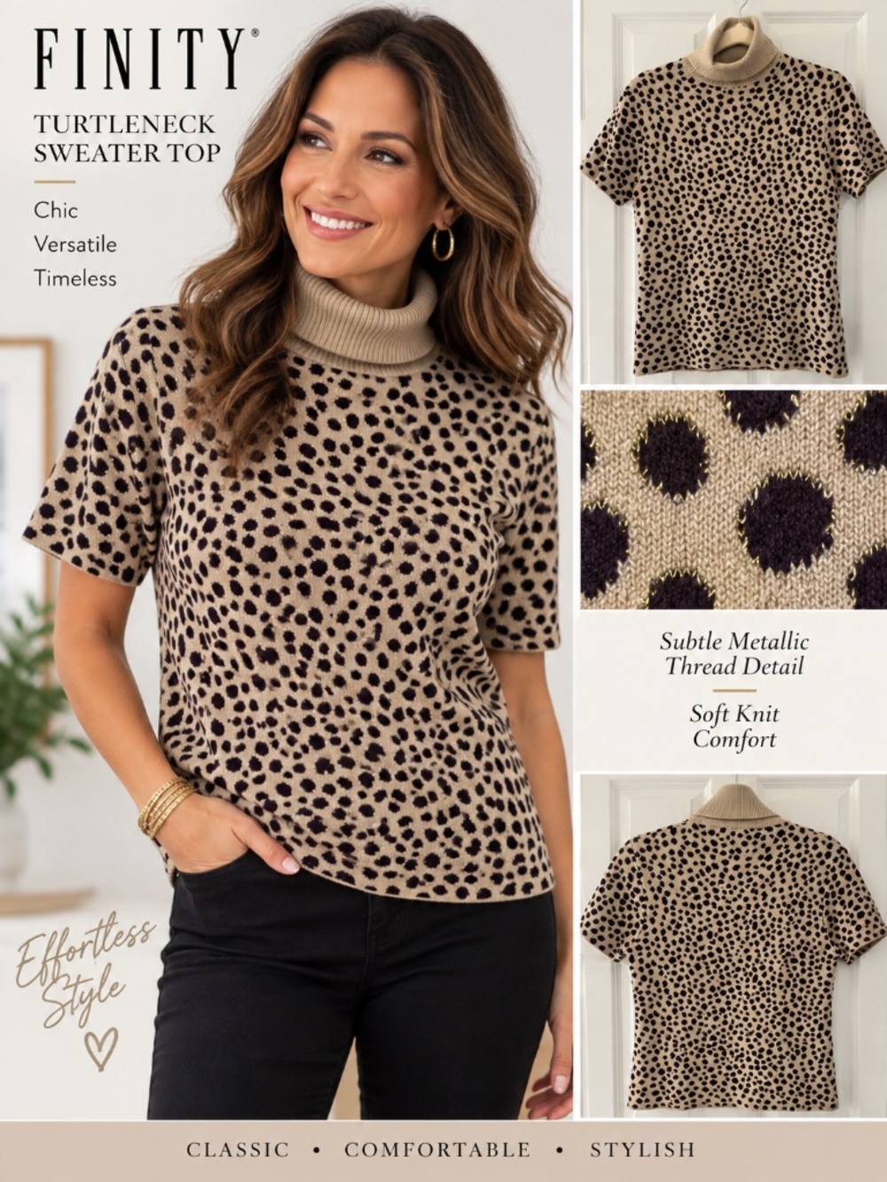 Finity Animal Print Metallic Knit Turtleneck Sweater Top | Size S
